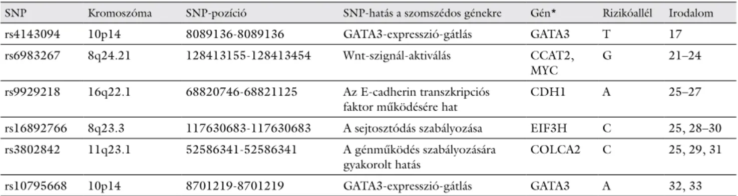 1. táblázat A vizsgált CrC-hajlamosító SNP-k genetikai jellegzetességei