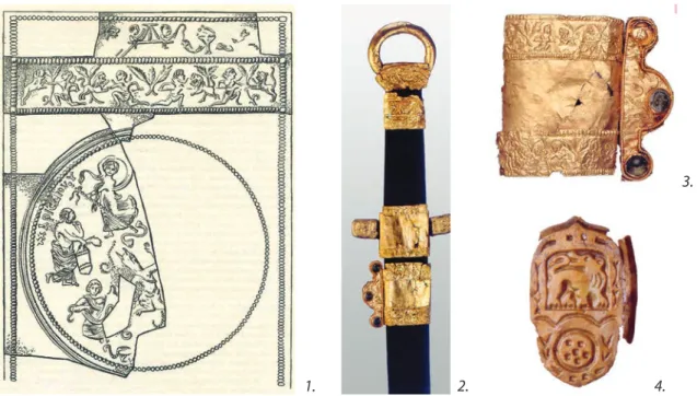 5. ábra. Aranyveretes kard (Kunágota) és övveret (Szeged-Csengele XXX. sír), 6–7. század (1