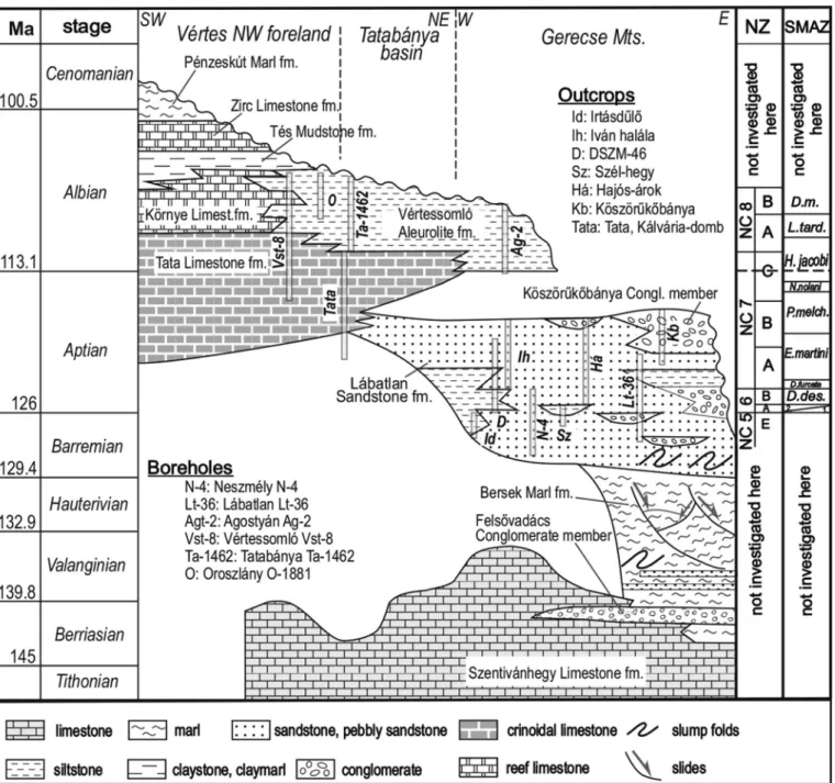 Fig. 11. New lithostratigraphical chart of Lower Cretaceous clastic formations of the northeastern Transdanubian Range, showing the positions of sites sampled [modiﬁed after Cs asz ar (1995, 1996) and Sztan o et al