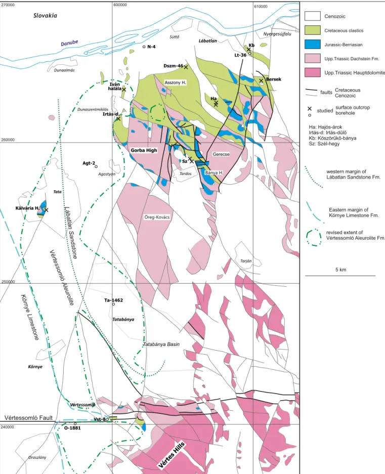 Fig. 3. Geological map of the Gerecse and northern V ertes Mountains (Fodor and F} ozy, 2013), showing the localities and boreholes mentioned in the text.