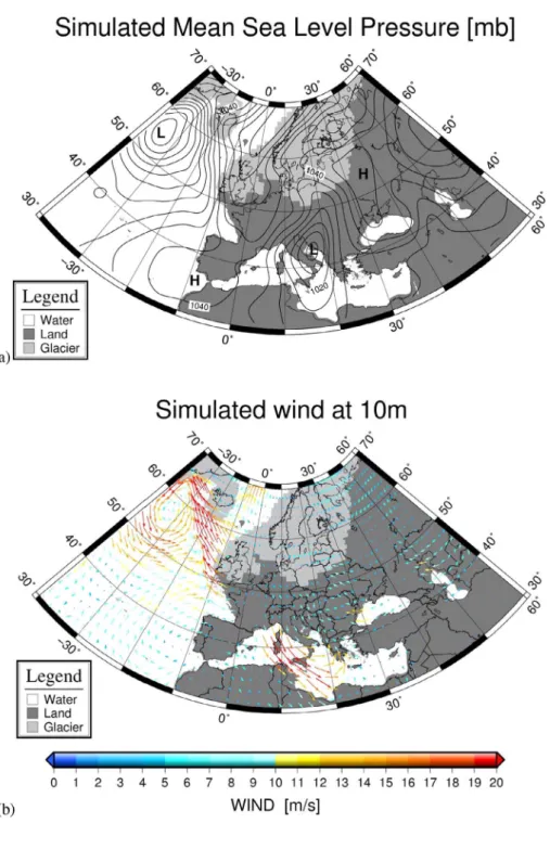 Fig. 8. The LGM maps of simulated (a) mean sea level at- at-mospheric pressure, and (b) marked ﬁelds of surface winds.