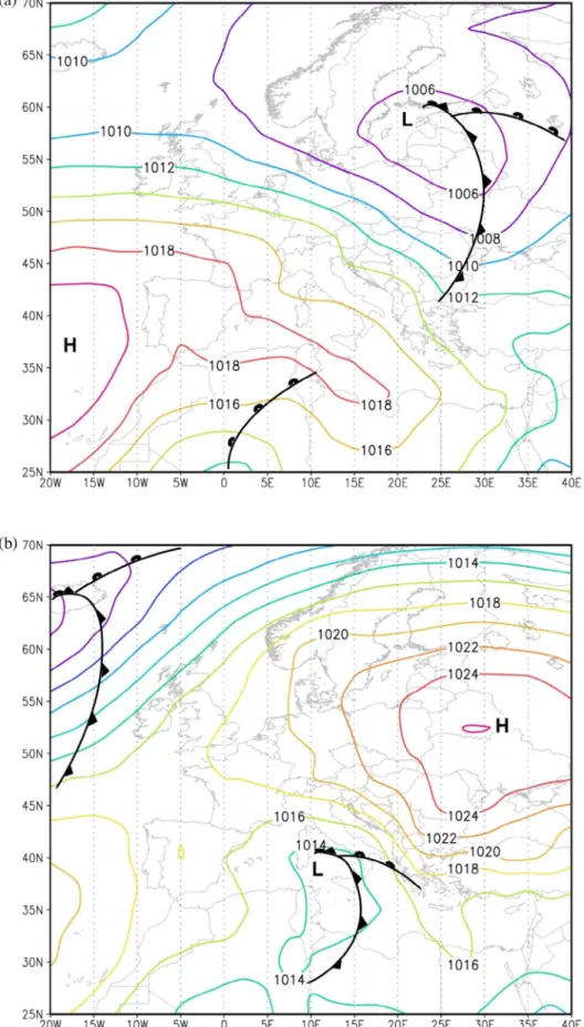 Fig. 5. Long-term, annual, mean of sea level pressures for NW (a), and SE (b) weather types, that aﬀected Serbia during the period 1961–2010, showing the  ty-pical positions of cyclones (L), anticyclones (H), and fronts, as parts of the Polar Front.