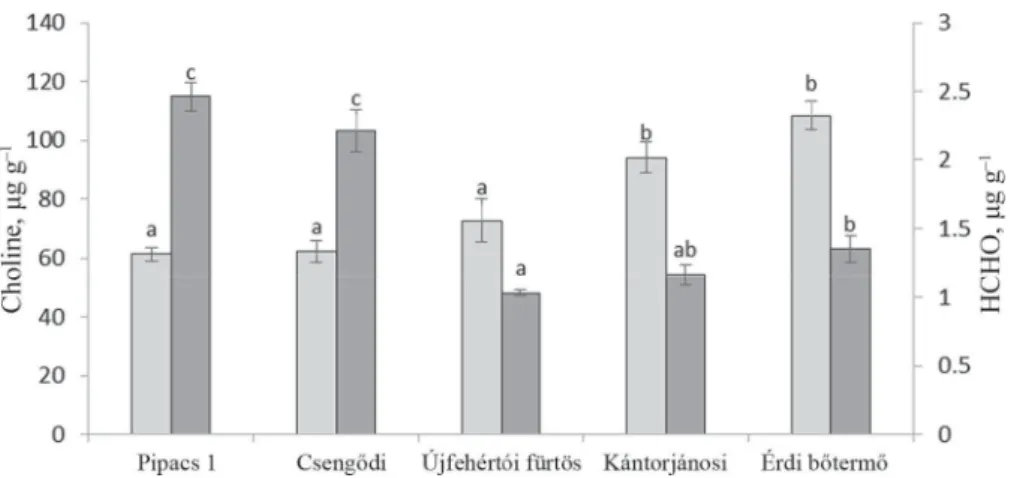 Fig. 2. Choline and endogenous HCHO contents in the stalks (Mean values with different letters are signifi  cantly  different at the P=0.05)