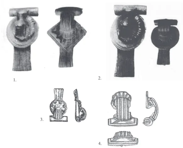 Fig. 3. Thistle-brooches. 1: k ovrig  1937, T. XXIX. 10–11; 2: P atek  1942, T. XII. 7–8; 3: from Carnuntum; 4: from Epöl-Palkóvölgyi dűlő