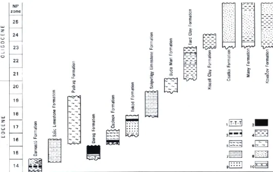 Fig. 3. Rákosi L. 1993: The position of the model geological sections of the Paleogene formations  concerned in this study as compared to the nannofloral zonation/A földtani szelvények helyzete a  paleogén formációkban, az én vizsgálataimat összevetve a na