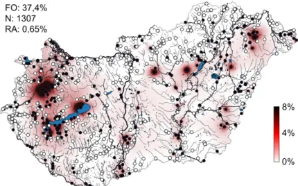 1. ábra. A csuka elterjedése és IDW interpolált relatív abundancia értékei magyarországi vízfolyásokban (2011‐