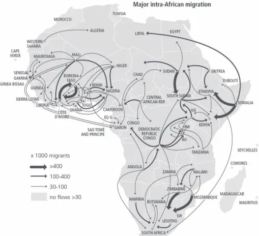 3. Ábra: Legfontosabb intrakontinentális migrációs útvonalak Afrikában  Forrás: Dietz et al., 2017