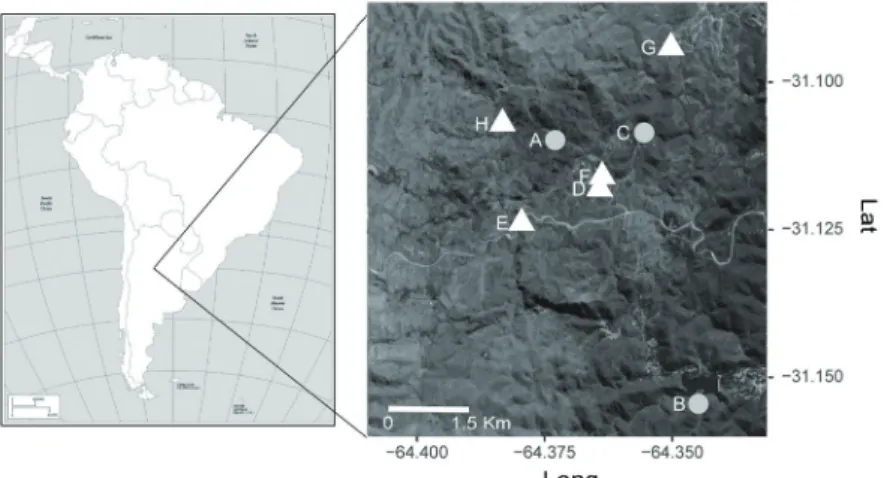 Figure 1. Location of selected  study sites of Chaco Serrano  for-est from central Argentina, with  different  fire  frequency   rang-ing from unburned (A-C), once  burned (D), twice burned (E  and  F),  three  times  burned  (G)  and four times burned (H)