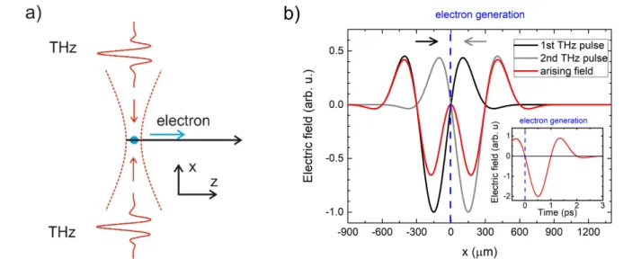 Figure 1. (a) Initial electron acceleration setup with two single-cycle THz pulses propagating in opposite directions
