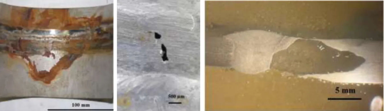 Figure 1. Pitting corrosion around the welded joint – pipe: Ø 219x10 mm (left: as is, middle: after  cleaning, right: cross-section with the inside down) 