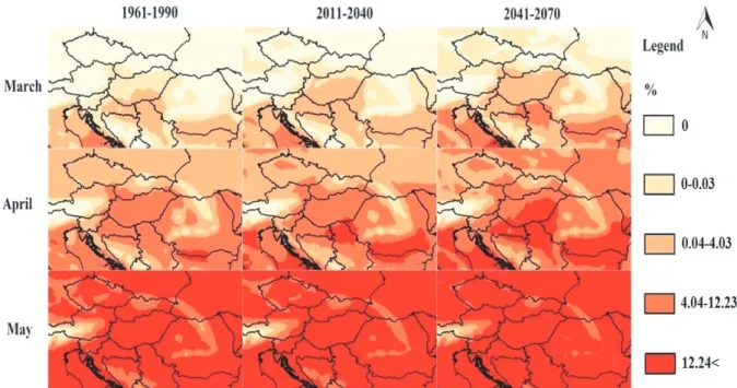 Fig. 4. The predicted monthly relative  abundance values of An. maculipennis larvae in  Central and East Europe and the North Balkan in March, April and May for the periods of  1961–1990, 2011–2040, and 2041–2070