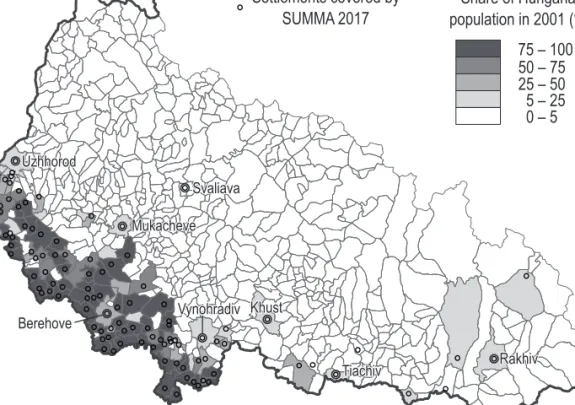Figure 1. Settlements covered by SUMMA 2017 according to the ratio of Hungarian population 
