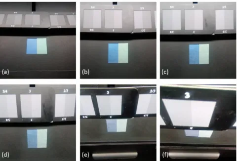 Figure 4: The appearance of the colour pair 1 observed in the aspecular angles of (a) -15°, (b) 15°, (c) 25°, (d) 45°,   (e) 75° and (f) 110 