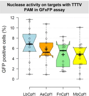 Figure 2. Cpf1 nucleases induced HDR at various genomic cleavage sites in N2a cells. Percentages of GFP fluorescent cells after HDR mediated  inte-gration of a donor GFP cassette are shown