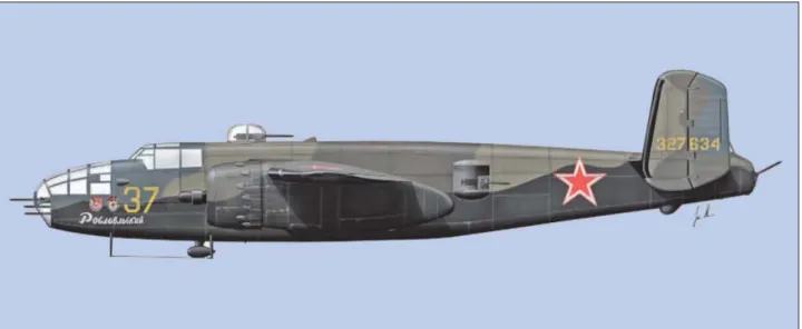 13. ábra. A 13. távolsági gárdarepülő ezred 3. rajának B–25J–1–NC Mitchell (sorozatszám: 43-27634) repülőgépéről  készített rajz