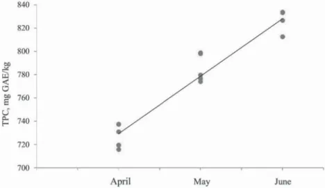 Fig. 1. Dynamics of total polyphenols content formation in wild garlic leaves (y=50.3x+677.68; R²=0.9497)