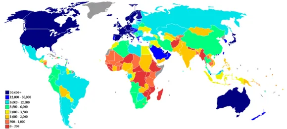 1. ábra: Az egy főre jutó GDP a Föld országaiban  Forrás: IMF, 2015 