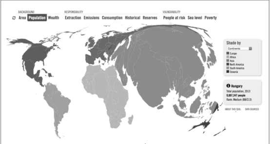 3. ábra:  Asszociatív térkép, amely a világtérképen torzítással emeli ki a lakosság számát   az egyes országokban és kontinenseken.