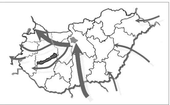 6. ábra: Migránsútvonalak Magyarországon: 2015. január 1. – szeptember 15. 