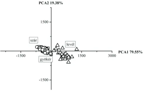 2. ábra: A kaporlevelű ebszékfű egyedek növényi szerveiben mért elemkoncentrációk (mg kg -1 )  főkomponens-analízise