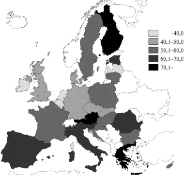 3. ábra. A környezet fő terület kompozit indexének értékei EU-tagországonként, 2010 