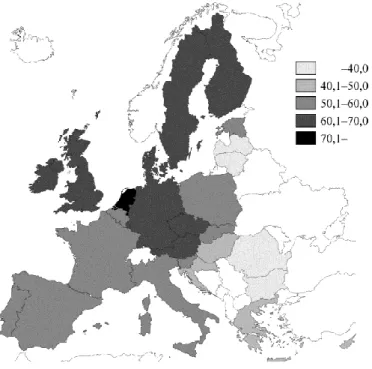 7. ábra. A társadalom fő terület kompozit indexének értékei EU-tagországonként, 2010 