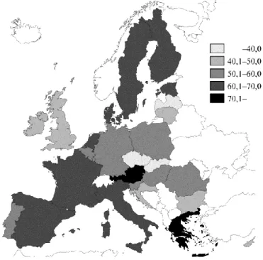 9. ábra. A fenntartható mezőgazdasági index értékei EU-tagországonként, 2010 
