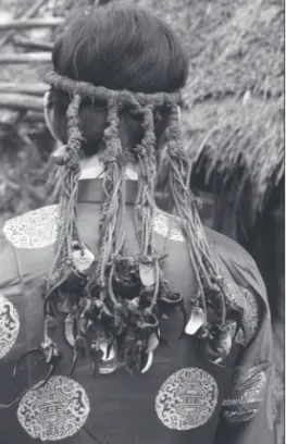 Figure 9. Bru shamanic headdress with the dog- dog-tag of an American soldier. Xalo village, photo by  Gábor Vargyas, October 15, 1986