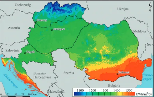 1. ábra Éves átlagos globális besugárzás vízszintes felületen a vizsgált Kárpát-medencei országokban (kWh/m2)  (2007-2016 átlaga)