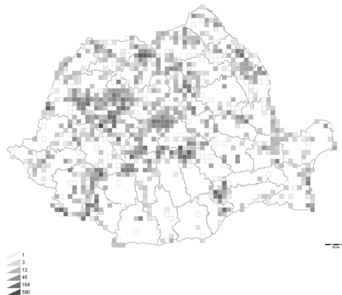 Fig. 2. Spatial distribution of the vegetation plots currently contained in the Romanian Grassland Database, shown as 380 