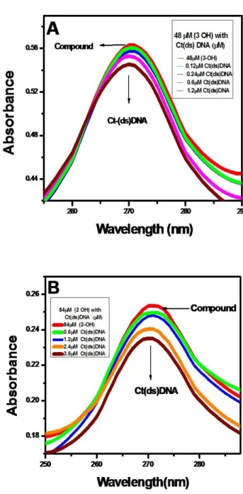 Figure 1. Absorption spectra of (A) 48 μM of Baicalein and (B) of  84 μM of DHF with varying concentration of Ct-(ds) DNA
