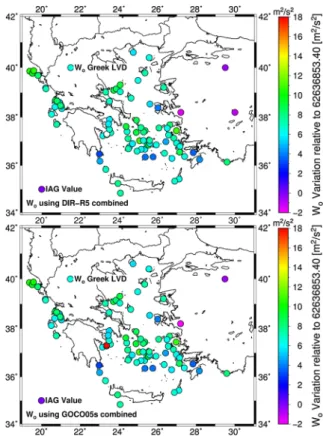 Fig. 6 Zero-level geopotential based on the enhanced DIR-R5 and GOCO05s GGMs for the LVDs of the Greek islands and Turkey