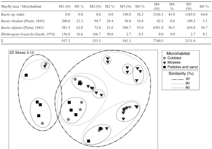 Table 2. Abundance (N, individuals m -2 ) and share (%) of mayfly taxa in various microhabitats in the Bistrica River Spring collected  from September 2007 to August 2008