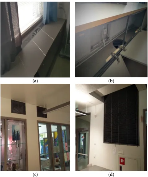 Figure 3.  (a,b) Supply air grill and duct in the classrooms; (c) transfer air grilles in the partitions  between classrooms and the lobby and (d) exhaust stack in the lobby