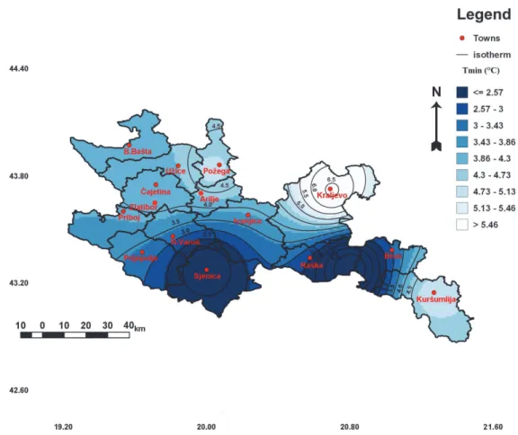 Fig. 3 shows the distribution average of minimum temperature (Tn). In the  lowland areas of the western and central tourist zones, Tn ranges from 4.8 to  6.6 °C (Požega, Kraljevo, and Kuršumlija), and this difference is more  pronounced in some areas of th