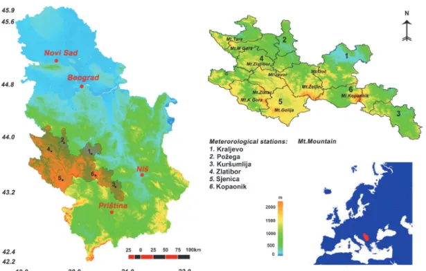 Fig. 1.  Western and Central Serbia tourist zone and spatial distribution of the analyzed  meteorological stations on the Serbian map