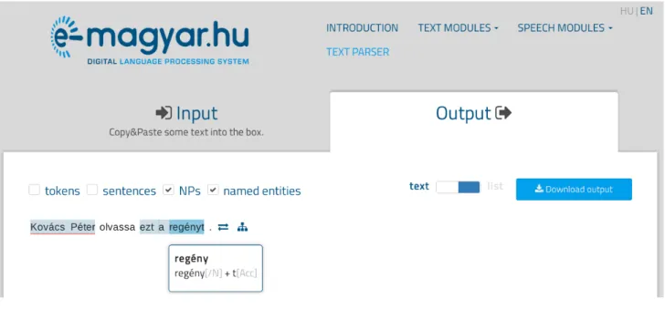 Figure 2: A screenshot of the ‘text’ view of the e-magyar online interface. The example sentence is Kov´acs P´eter olvassa ezt a reg´enyt
