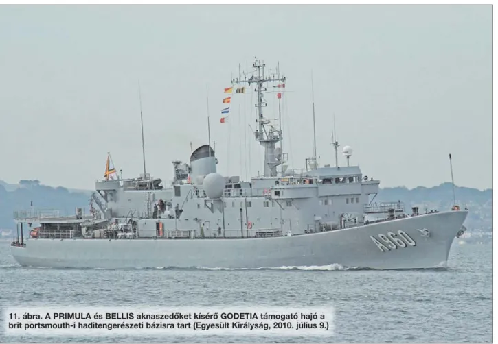 11. ábra. A PRIMULA és BELLIS aknaszedőket kísérő GODETIA támogató hajó a  brit portsmouth-i haditengerészeti bázisra tart (Egyesült Királyság, 2010