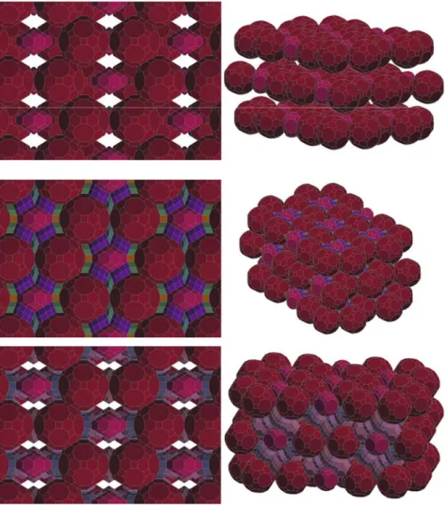 Fig. 6. Different sets of mosaic stones in the tessellation based on the 3-model of the 15-cube  in top view (left) and in axonometric projection (right) 