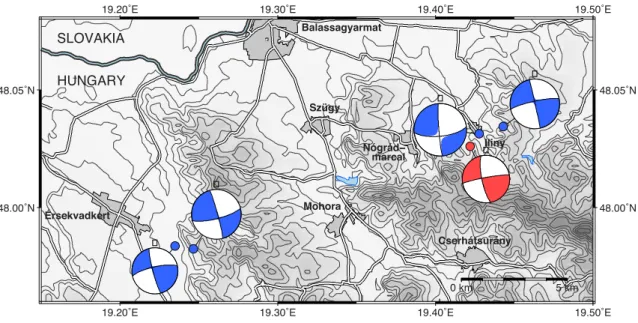 Figure 14. Optimum (maximum likelihood) source mechanism of the analysed Iliny earthquake (red) on a map of the source area