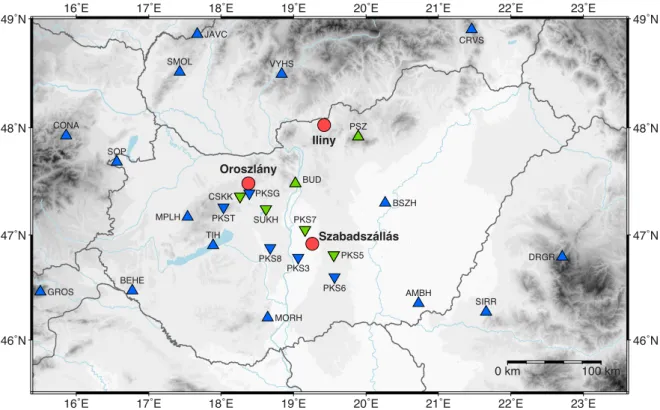 Figure 1. Map of Hungary showing the location of the seismic stations used in this study (triangles: broad-band stations; inverse triangles: short-period stations) and the epicentres of the three earthquakes selected for the application of the proposed joi
