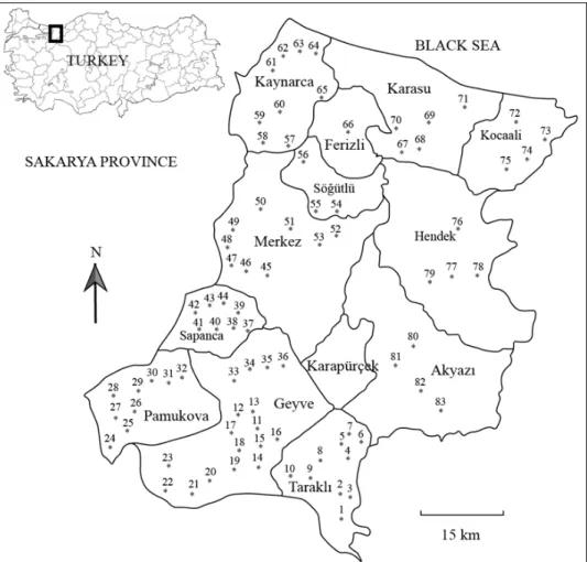 Fig. 1. Location of sampling sites in 13 counties of Sakarya province