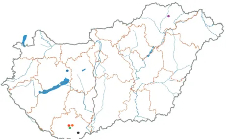 Fig. 2. Locations of bat sampling sites. Red dot: Abaliget; blue dot: Alba Regia Cave, Isztimér;  