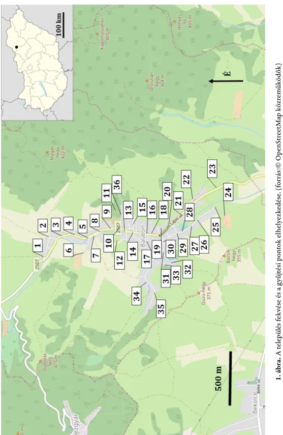 1. ábra. A település fekvése és a gyűjtési pontok elhelyezkedése. (forrás:© OpenStreetMap közreműködők) Fig