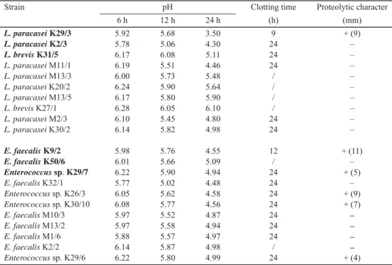 Table 1. Acidifying activity, clotting time, and proteolytic character of lactobacilli and enterococci