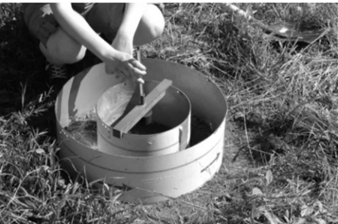 Fig. 2. Placing a double-ring infiltrometer in the bottom of a drainage channel 