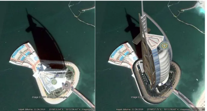 13. ábra. Szálloda alakja az árnyékon űrfelvételen és 3D modellje (Dubai) valós színes  kompozíción 