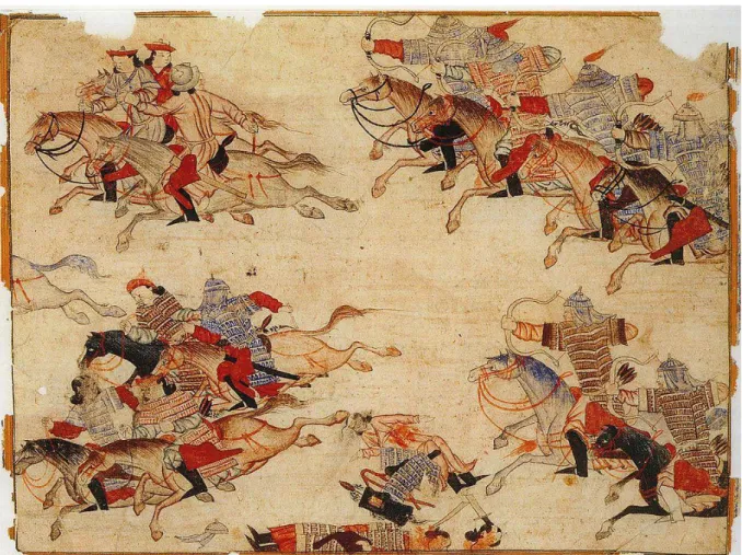 1. ábra: Mongol harcosok üldözik az ellenséget. Illusztráció Rasíd ad-Dín 14. század eleji krónikájából  forrás: 