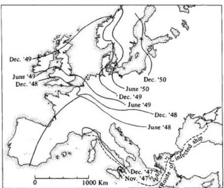 Figure 10. The spread of plague in Europe in the 14 th  century. The antecedents of the apocalyptic period of  the black death dated back to the turning of the 13 th  and the 14 th  century