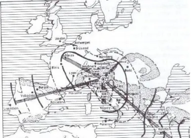 Figure 16. Venice’s communicational izocron  lines in 1500 (F. Braudel: Les structures du 